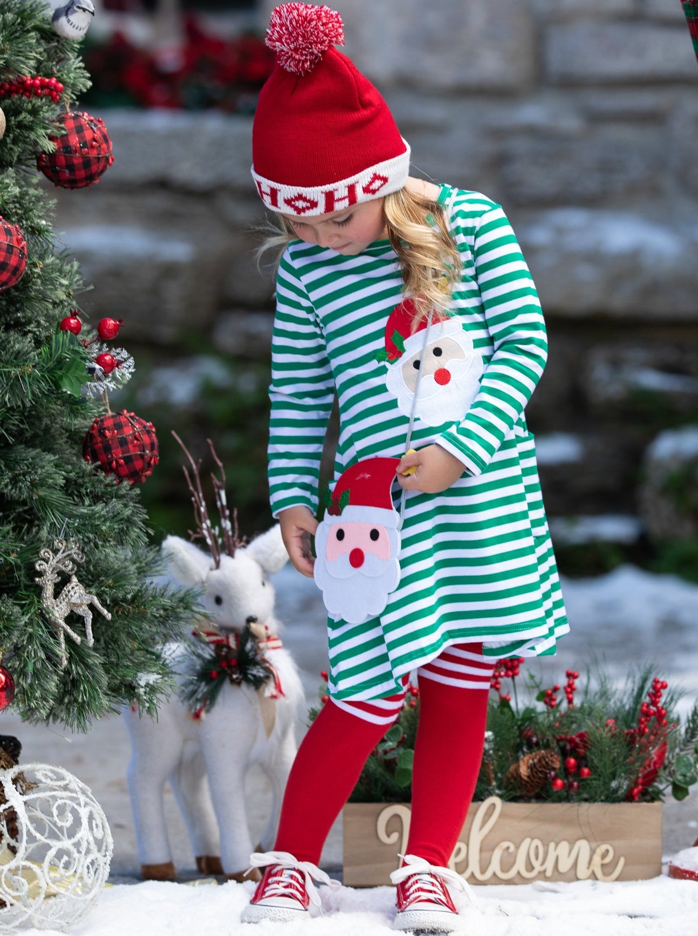 Cute Winter Sets | Girls Santa Striped Pocket Dress, Purse & Socks Set