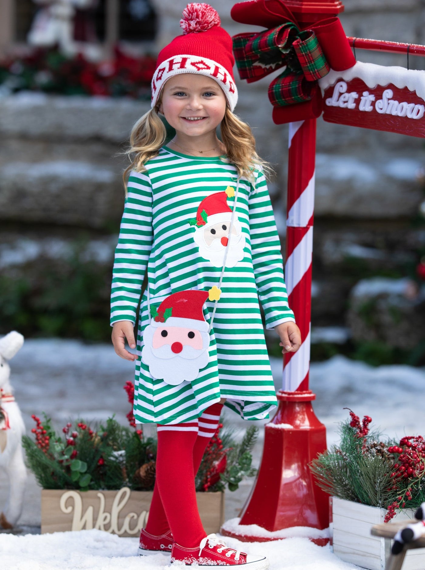 Cute Winter Sets | Girls Santa Striped Pocket Dress, Purse & Socks Set