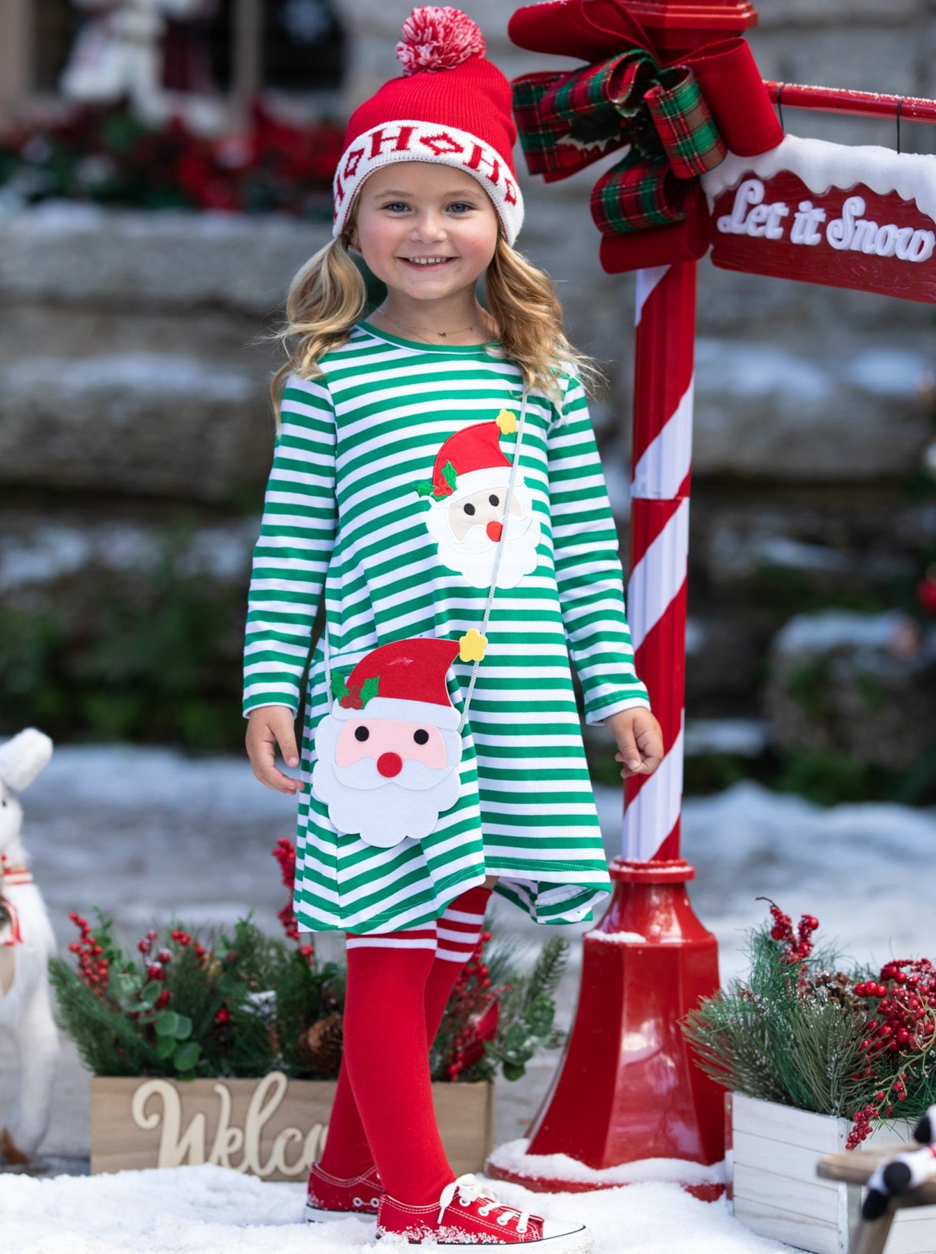 Cute Winter Sets | Girls Santa Striped Pocket Dress, Purse And Socks ...