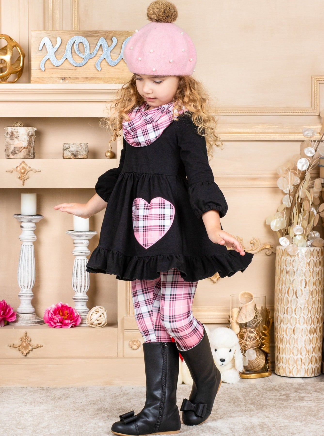Toddler Valentine's Day Outfit | Plaid Heart Tunic Scarf & Legging Set ...