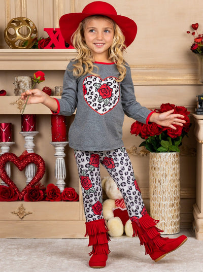 Girls Valentine's Outfit | Leopard Rose Heart Top & Ruffle Legging Set