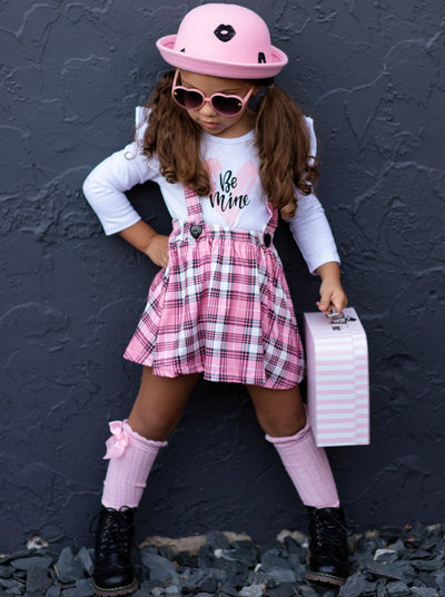 Toddler Valentine's Clothes | Be Mine Top & Plaid Suspender Skirt Set