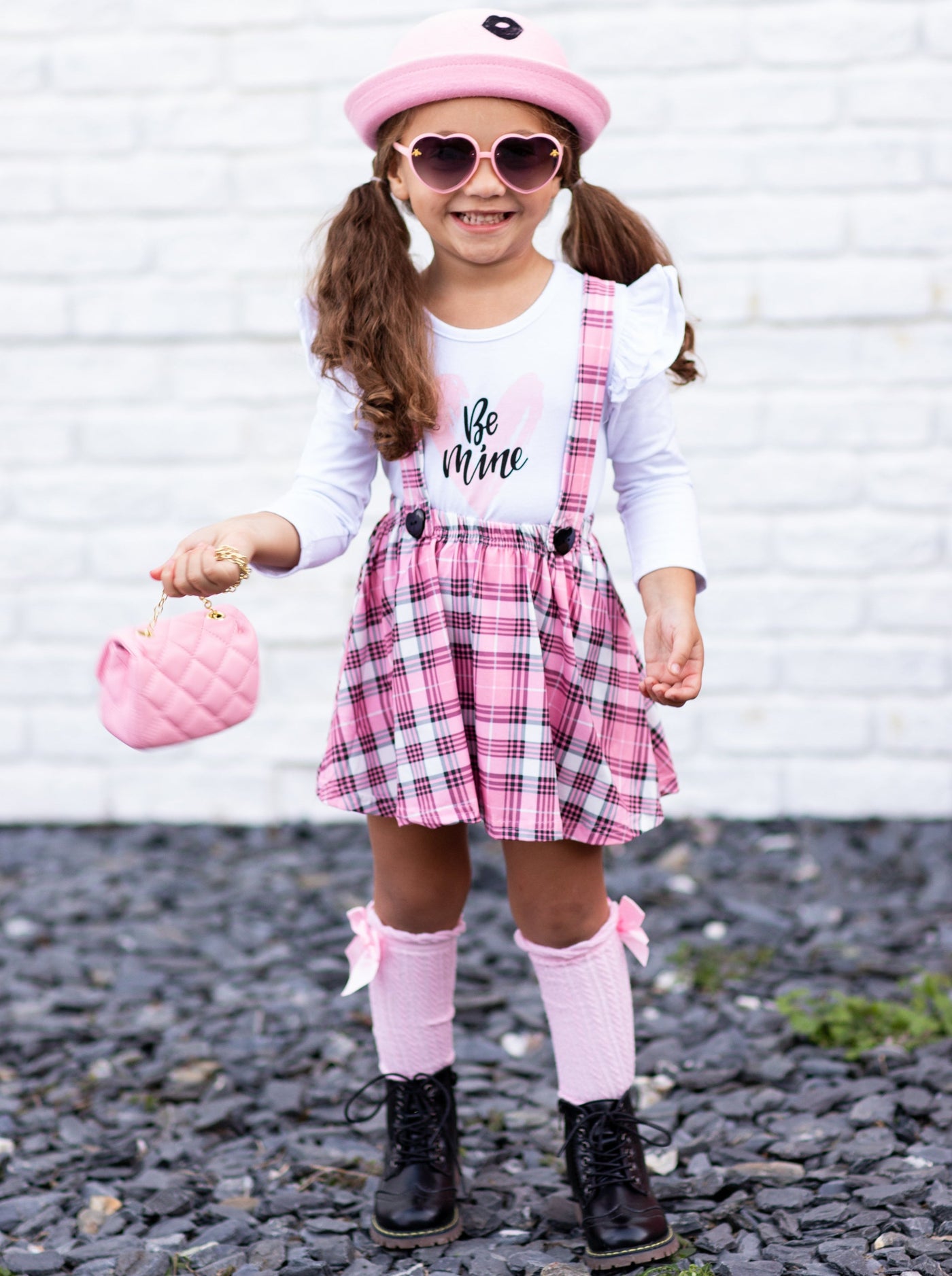 Toddler Valentine's Clothes  Be Mine Top And Plaid Suspender Skirt Set –  Mia Belle Girls