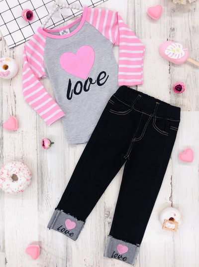 Toddler Valentine's Day Clothes | Girls Striped Raglan Top & Jeans Set