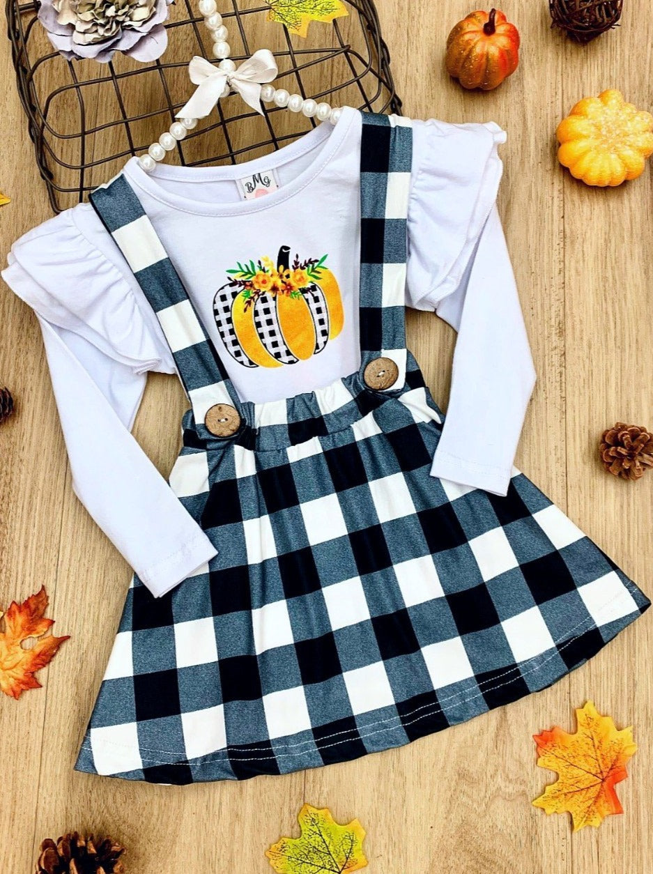 Girls Plaid Buttoned Overall Dress & Ruffled Long Sleeve Pumpkin Print Top Set