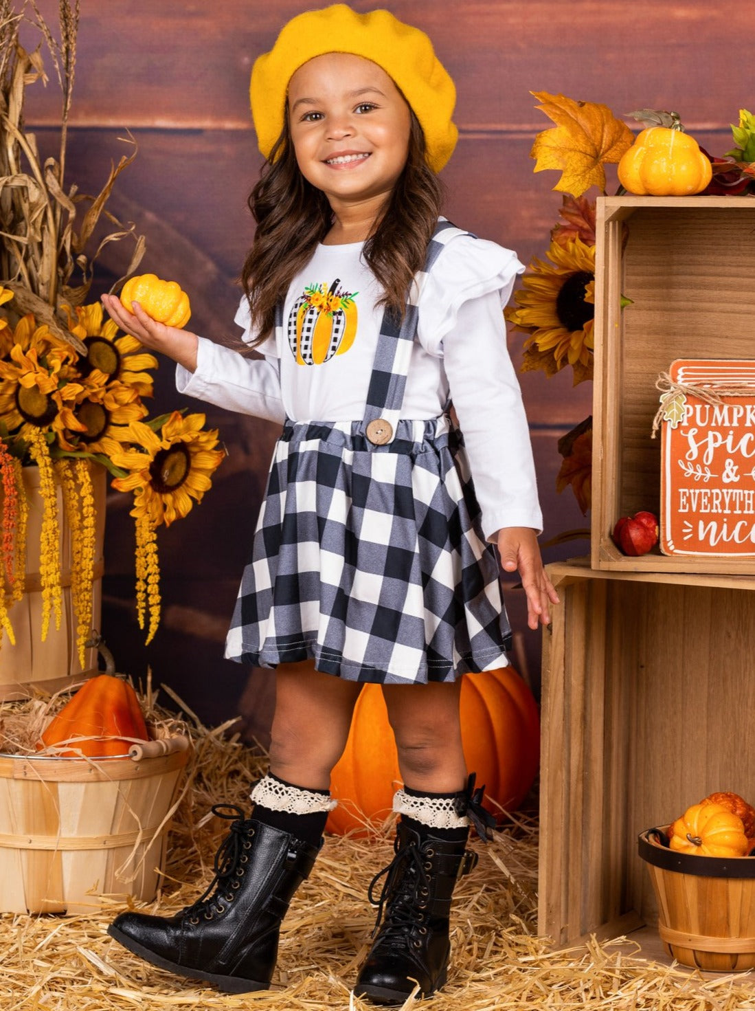 Pumpkin Ruffle Top And Plaid Overall Skirt Set | Mia Belle Girls
