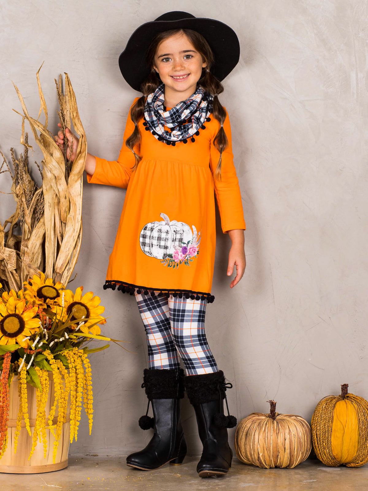 Girls Pumpkin Print Circle Trim Hem Long Sleeve Tunic, Plaid Leggings & Scarf Set