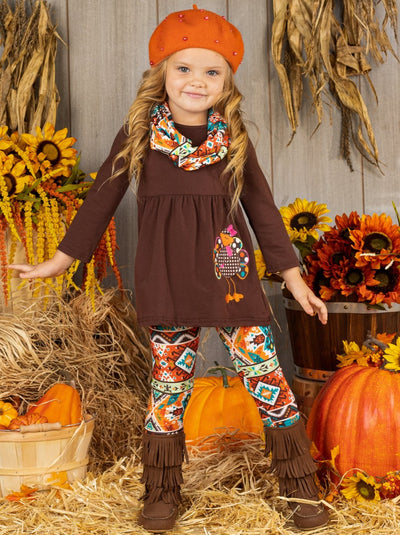 Girls Thanksgiving Themed Long Sleeve Turkey Applique Tunic, Leggings And Scarf Set
