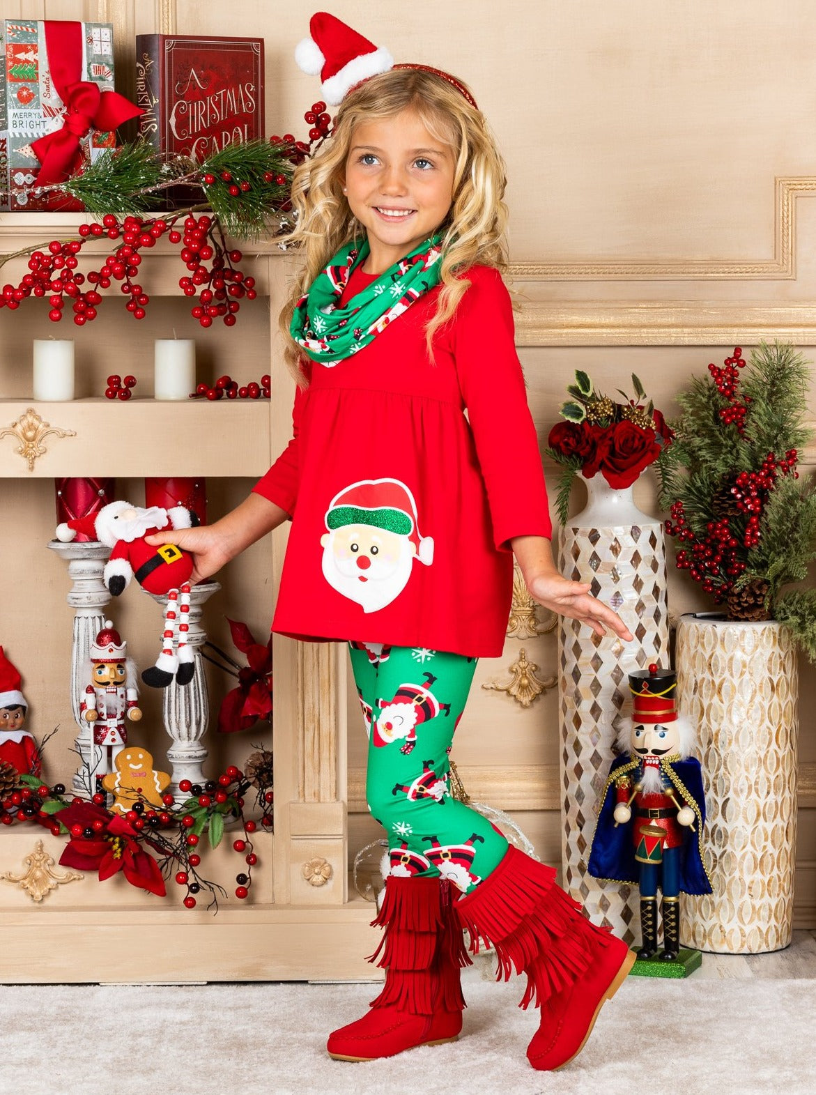 Girls Winter Casual Sets | Santa Claus Tunic, Scarf, & Legging Set