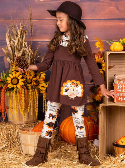 Girls Turkey Applique Floral and "Gobble Till You Wobble" Long Sleeve Tunic, Leggings and Scarf Set