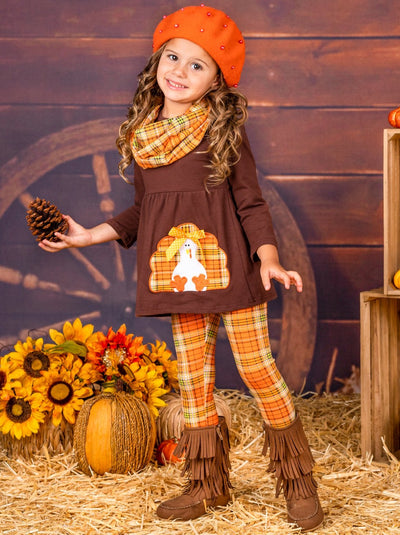 Girls Thanksgiving Themed Long Sleeve Turkey Applique Tunic, Leggings And Scarf Set
