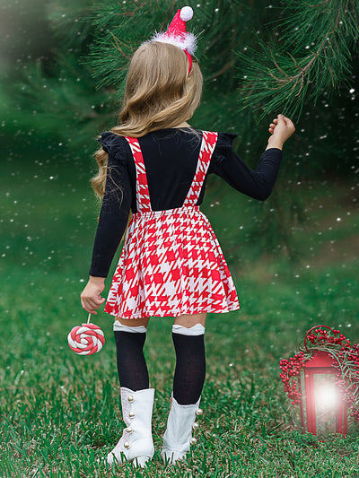 Girls Ruffled Shoulder Long Sleeve Applique Tunic & Printed Overall Dress Set