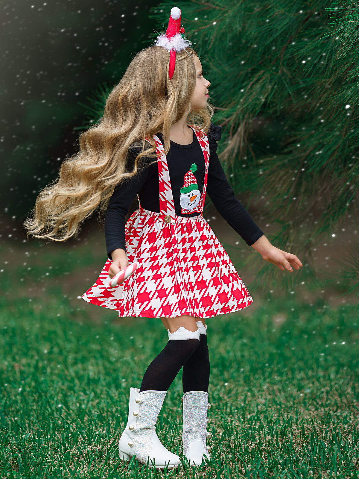 Girls Ruffled Shoulder Long Sleeve Applique Tunic & Printed Overall Dress Set