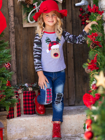 Cute Winter Sets | Girls Rudolph Camo Raglan Top & Patched Jeans Set