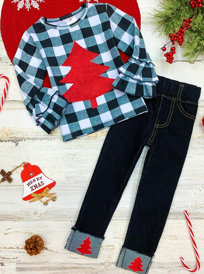 Cute Winter Sets | Girls Plaid Christmas Tree Top & Cuffed Jeans Set