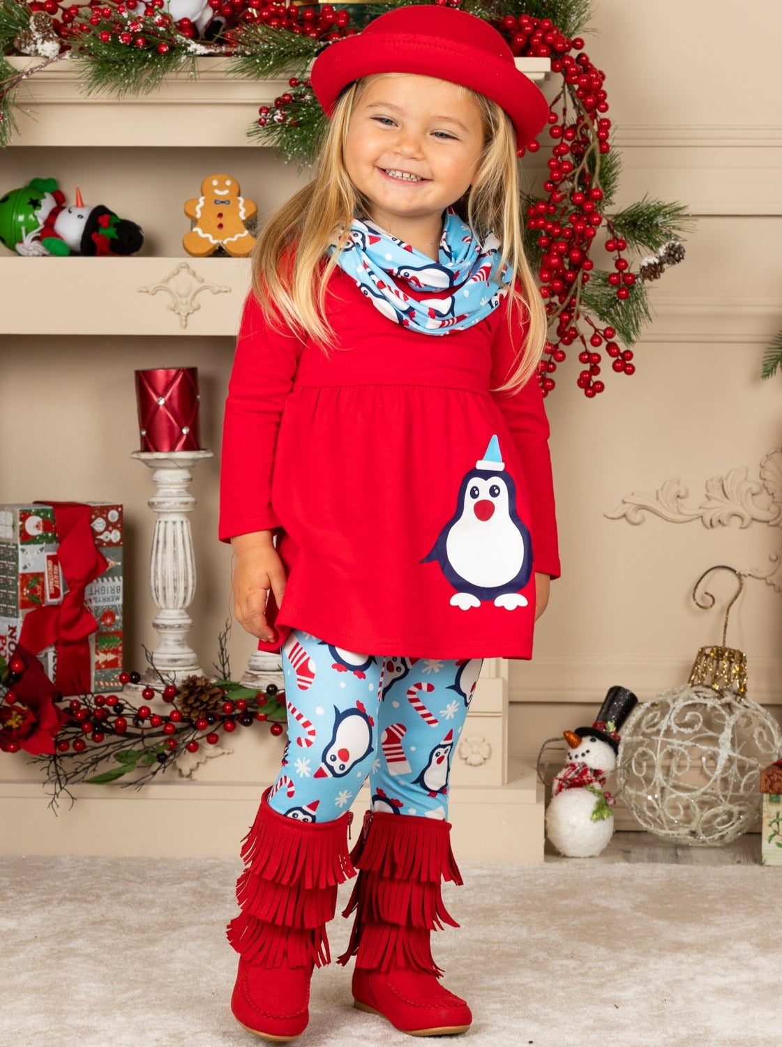 Girls Penguin Candy Cane Top, Leggings and Scarf Set