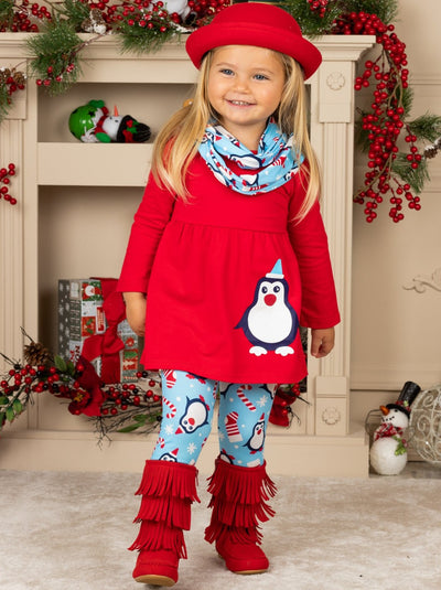 Girls Penguin Candy Cane Top, Leggings and Scarf Set