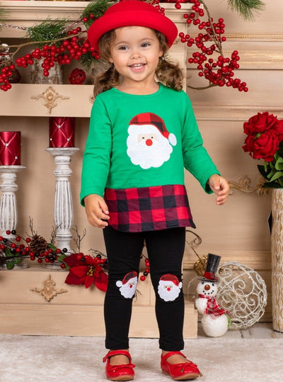 Girls Plaid Santa Patched Tunic and Leggings Set - Green / 2T - Girls Christmas Set
