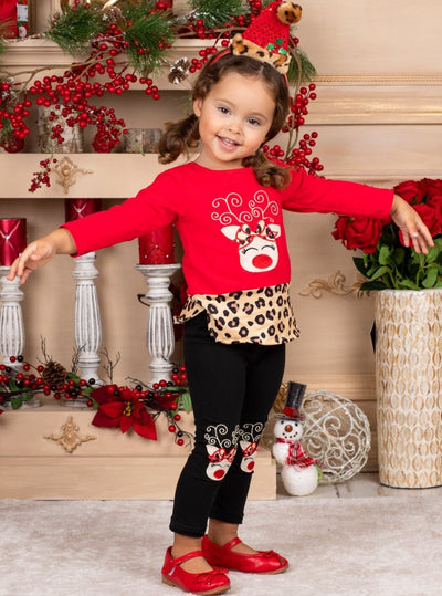Cute Winter Sets | Girls Reindeer Patched Top And Patched Leggings Set