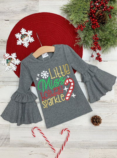 Girls Little Miss Holiday Sparkle Ruffled Bell Sleeve Top - 2T / Grey - Girls Christmas Top