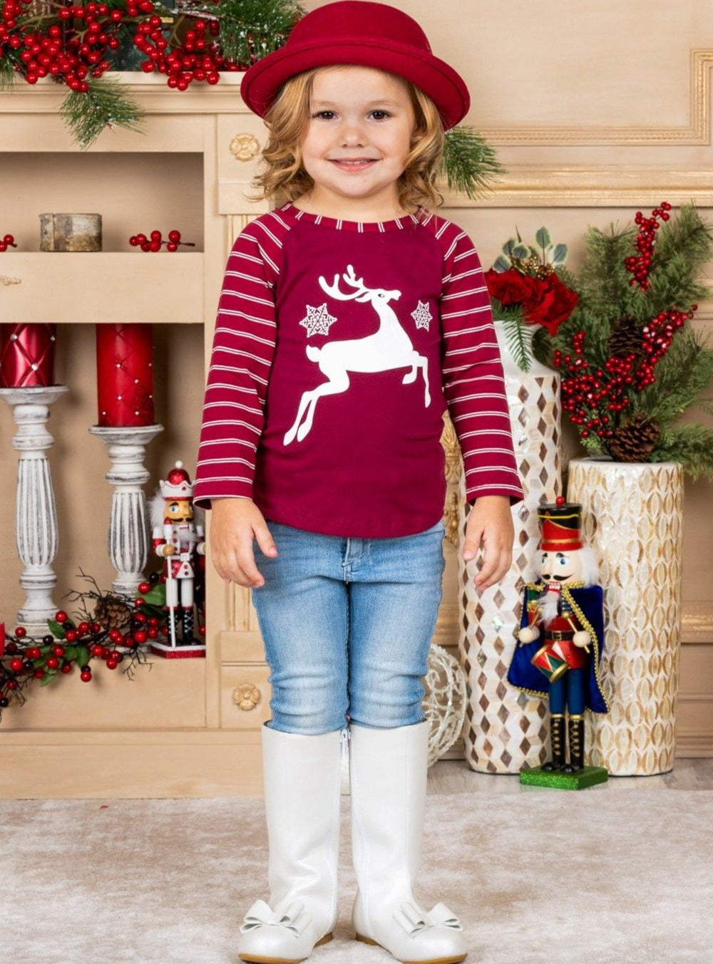 Cute Winter Tops | Girls Burgundy Striped Raglan Sleeve Reindeer Top