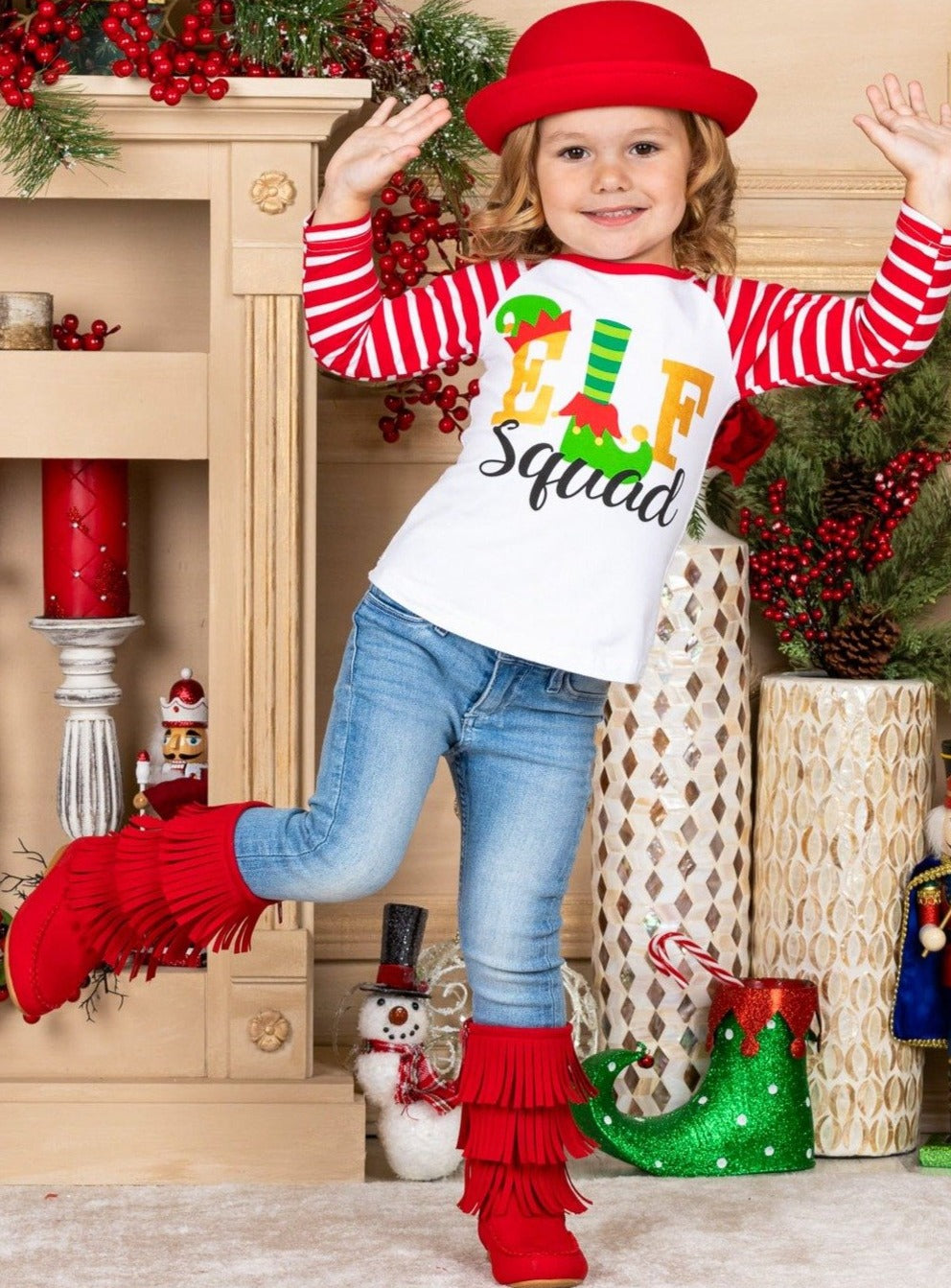 Girls Elf Squad top with striped ruffled longe sleeves