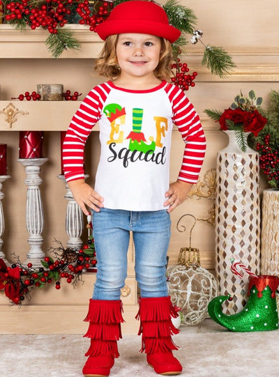 Girls Elf Squad top with striped ruffled longe sleeves