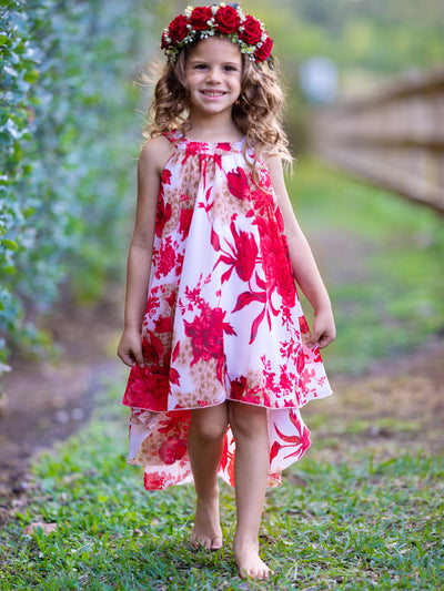 girls spring hi-low white with red floral dress 2T/3T to 10Y/12Y