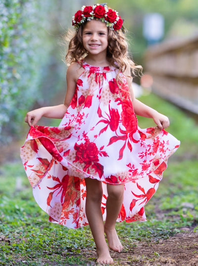 girls spring hi-low white with red floral dress 2T/3T to 10Y/12Y