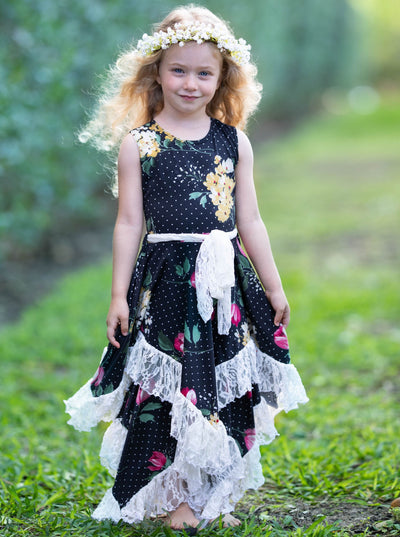 Girls Sleeveless Handkerchief Double Layer Ruffled Hem Dress with Flower Sash 2T-3T to 10Y/12Y black floral