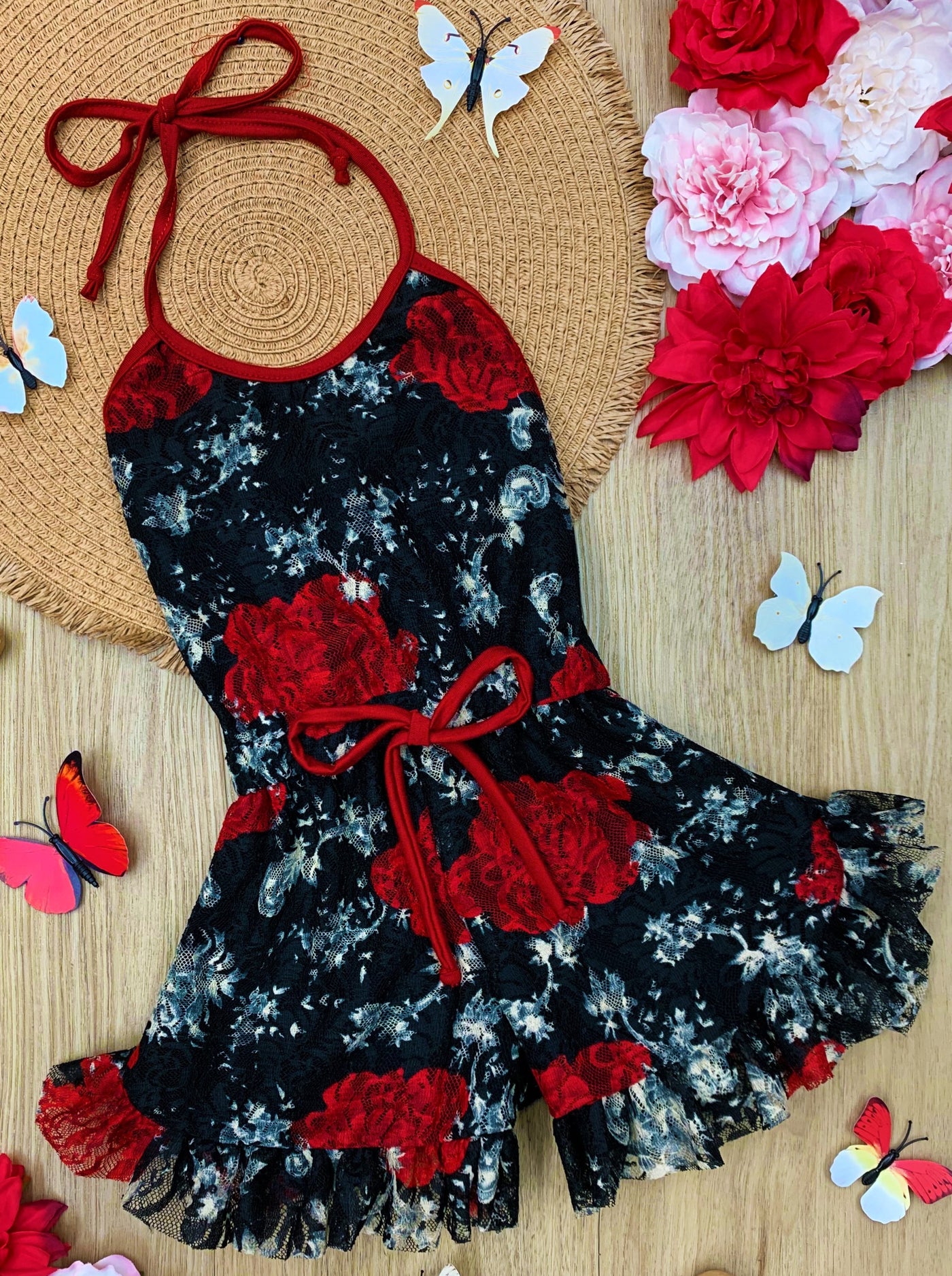 Girls Floral Halter Drawstring Waist Ruffled Hem Romper 2T/3T to 14Y black with red floral print