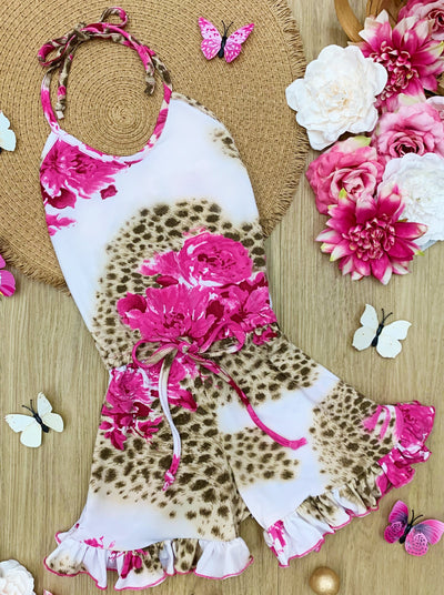 Toddler Spring Clothes | Leopard Floral Drawstring Ruffled Hem Romper