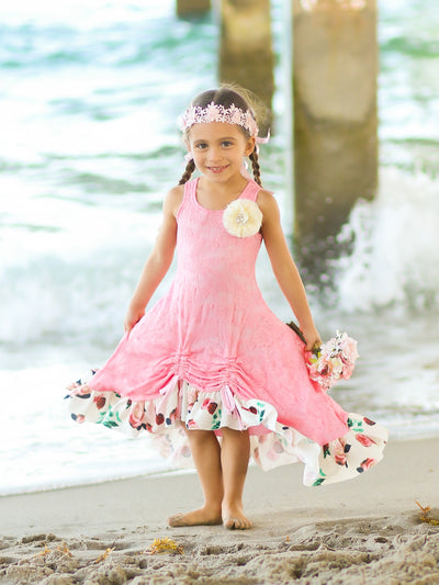 Toddler Spring Dresses | Girls Lace Hi-Lo Ruffled Hem Drawstring Dress