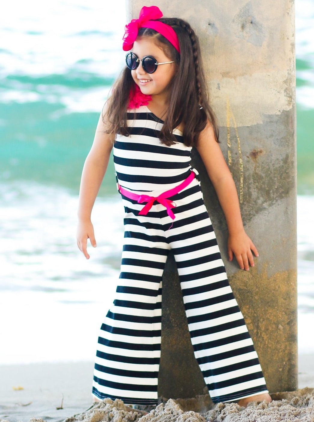 Girls Black & White Striped One Shoulder Palazzo Jumpsuit with Hot Pink Flower & Satin Sash - Black / 2T/3T - Girls Jumpsuit