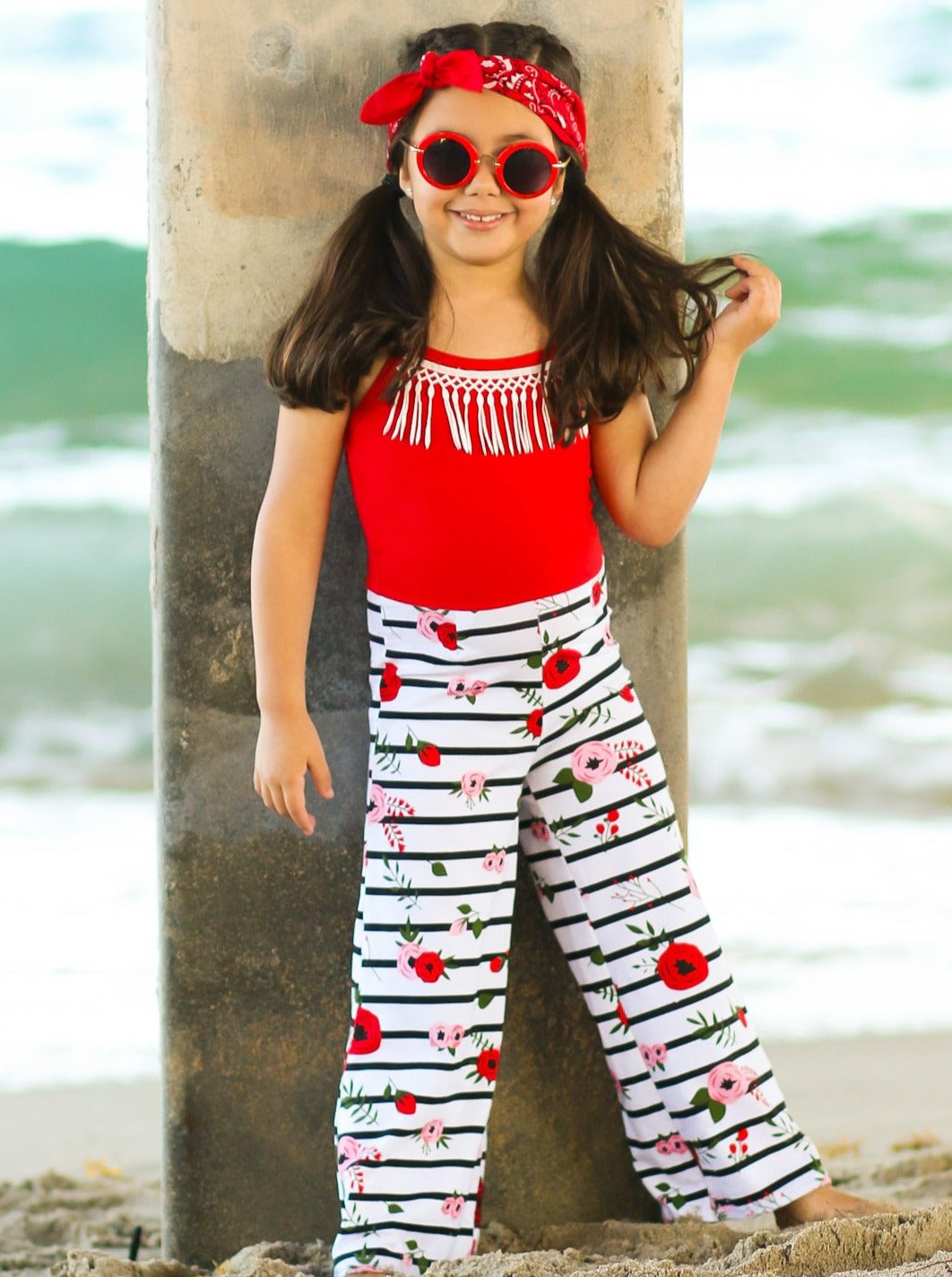 Girls Red Striped Floral Adjustable Spaghetti Strap Palazzo Jumpsuit with Crochet Fringe Collar - Girls Jumpsuit