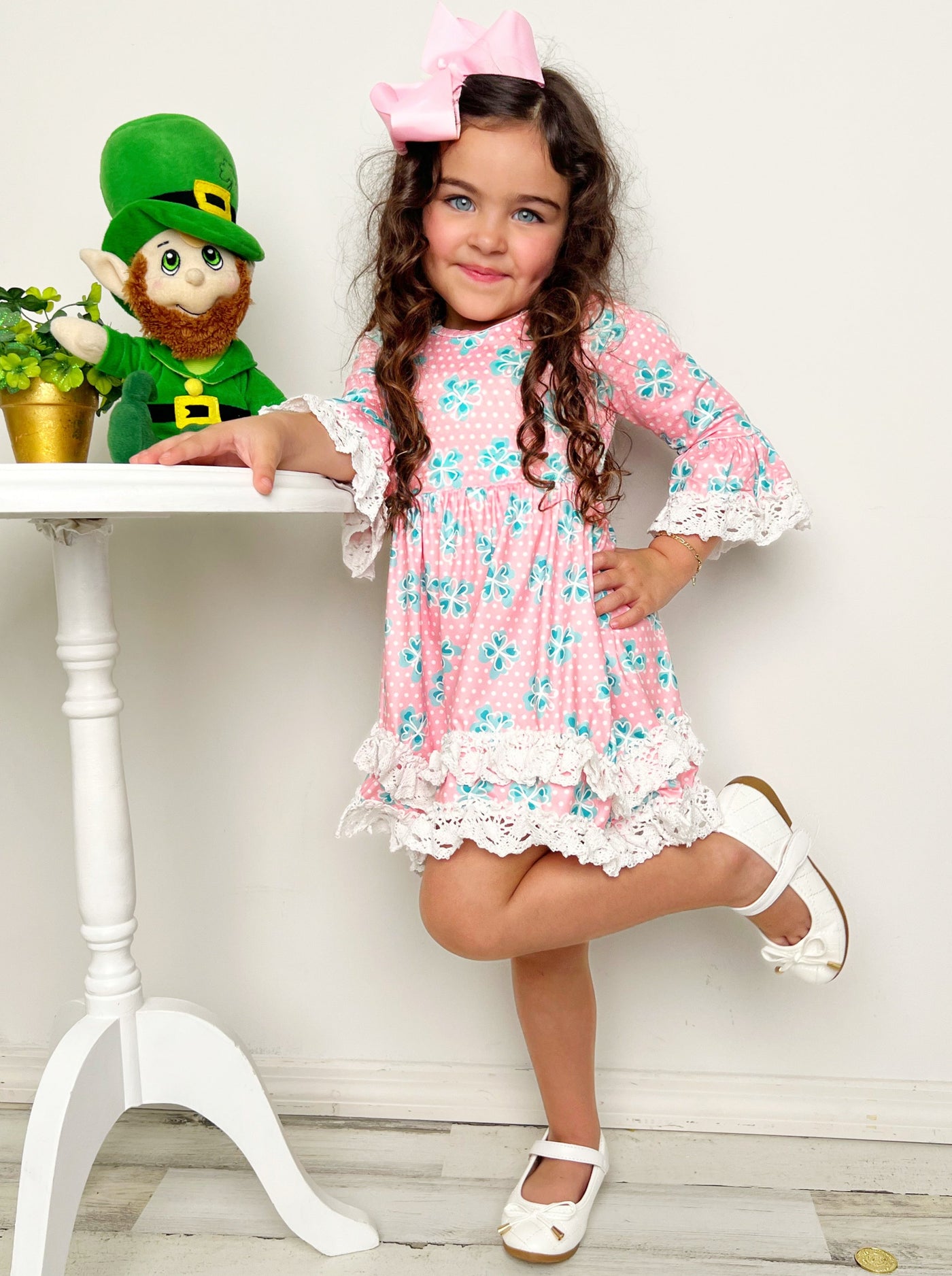 St. Patrick's Day Clothes | Girls Clover Tiered Crochet Hem Dress