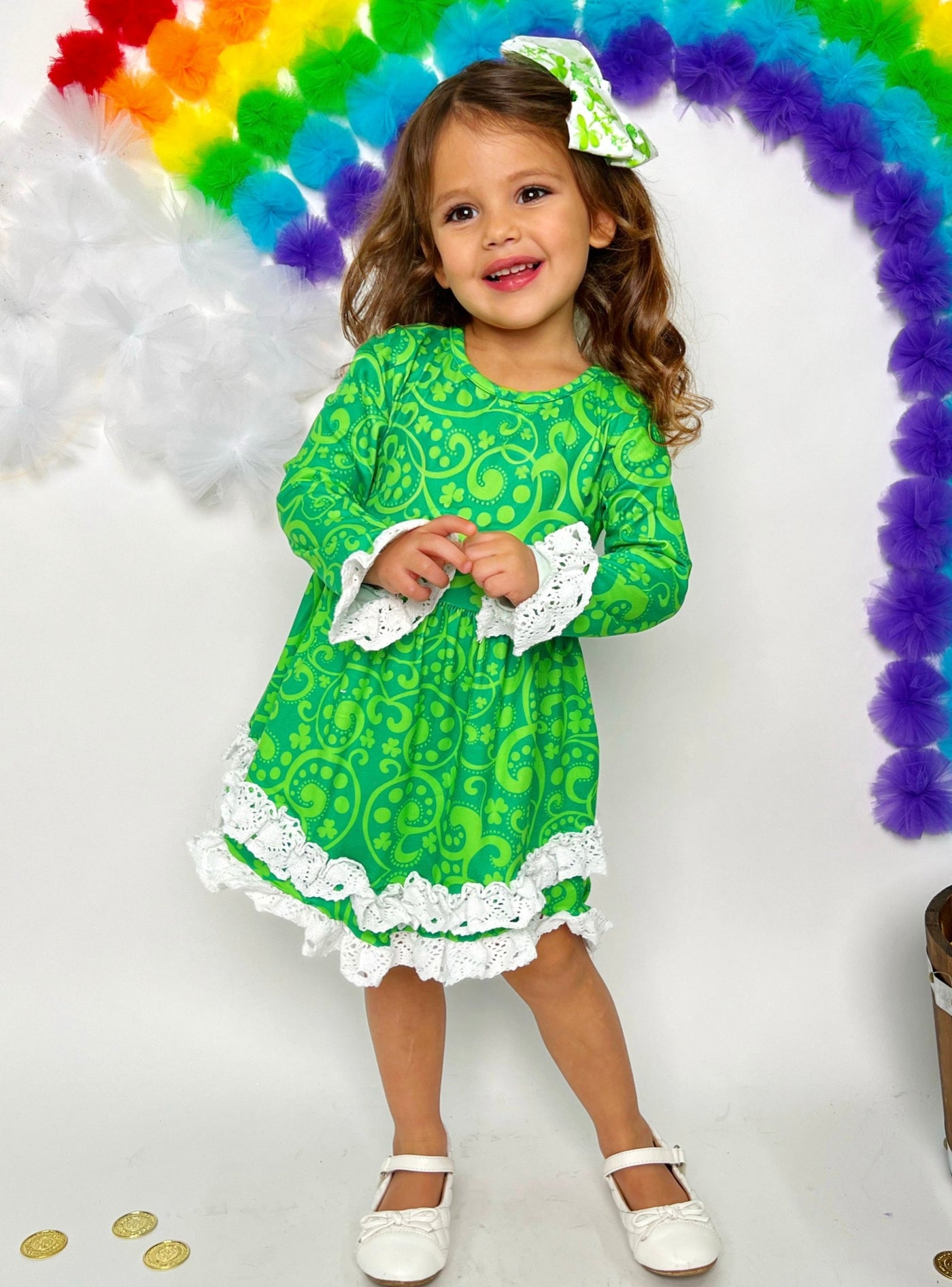Girls St. Patrick’s Day Paisley Flared Sleeve Crochet 2-Tier Dress