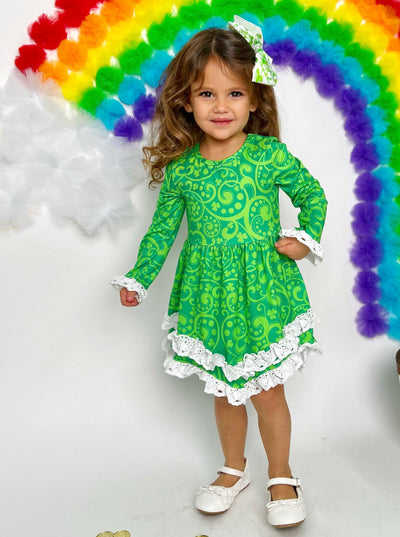 Girls St. Patrick’s Day Paisley Flared Sleeve Crochet 2-Tier Dress