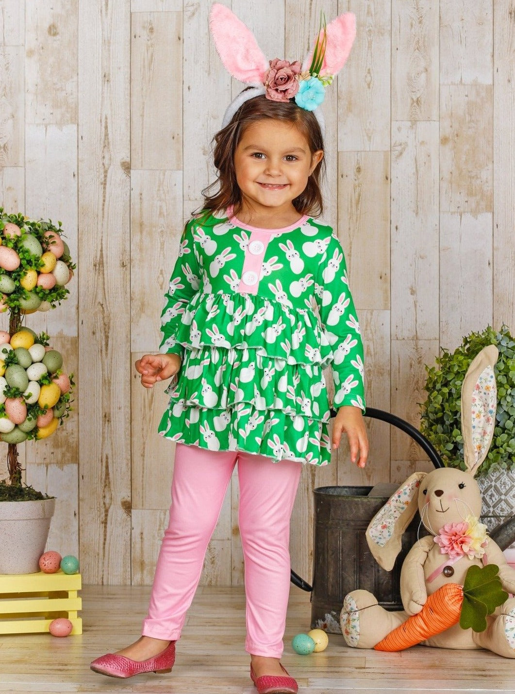 Girls Easter Themed Faux Buttoned Tiered Ruffled Tunic & Leggings Set- Girls Easter Set