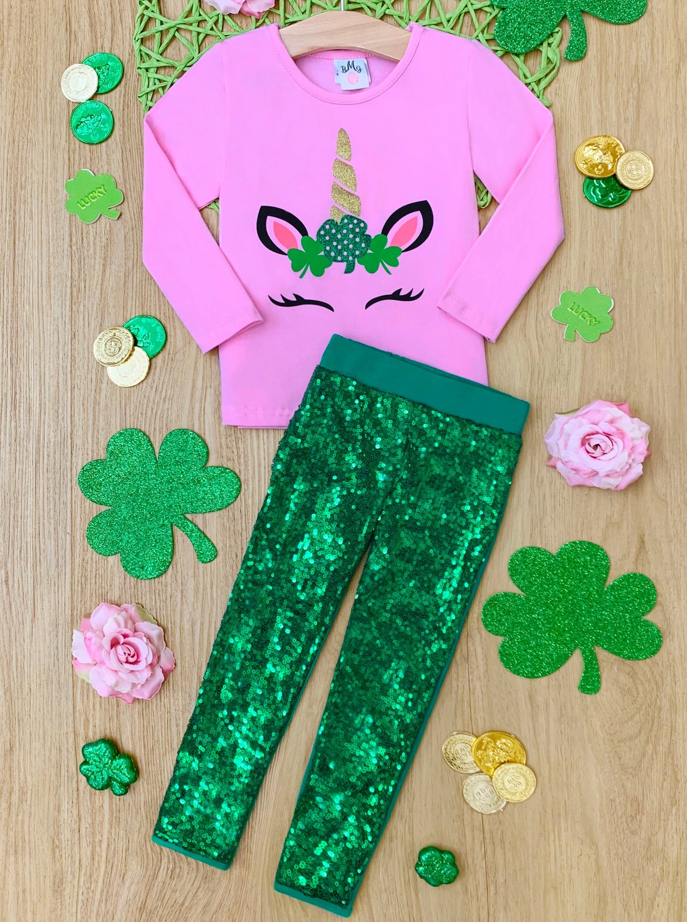 St. Patrick's Day Clothes | Girls Unicorn Top & Sequin Legging Set