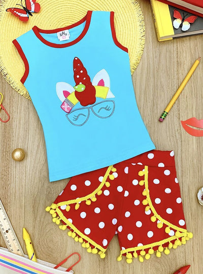 Little girls back to school sleeveless top with kindergarten unicorn graphic and polka dot pom-pom tassel shorts - Mia Belle Girls