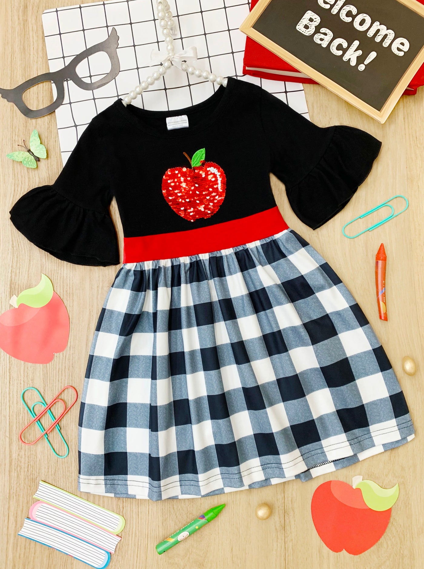 Back To School Dresses | Sequin Apple Plaid Dress | Mia Belle Girls