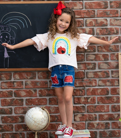 Back To School | Rainbow Top & Patched Denim Shorts | Mia Belle Girls
