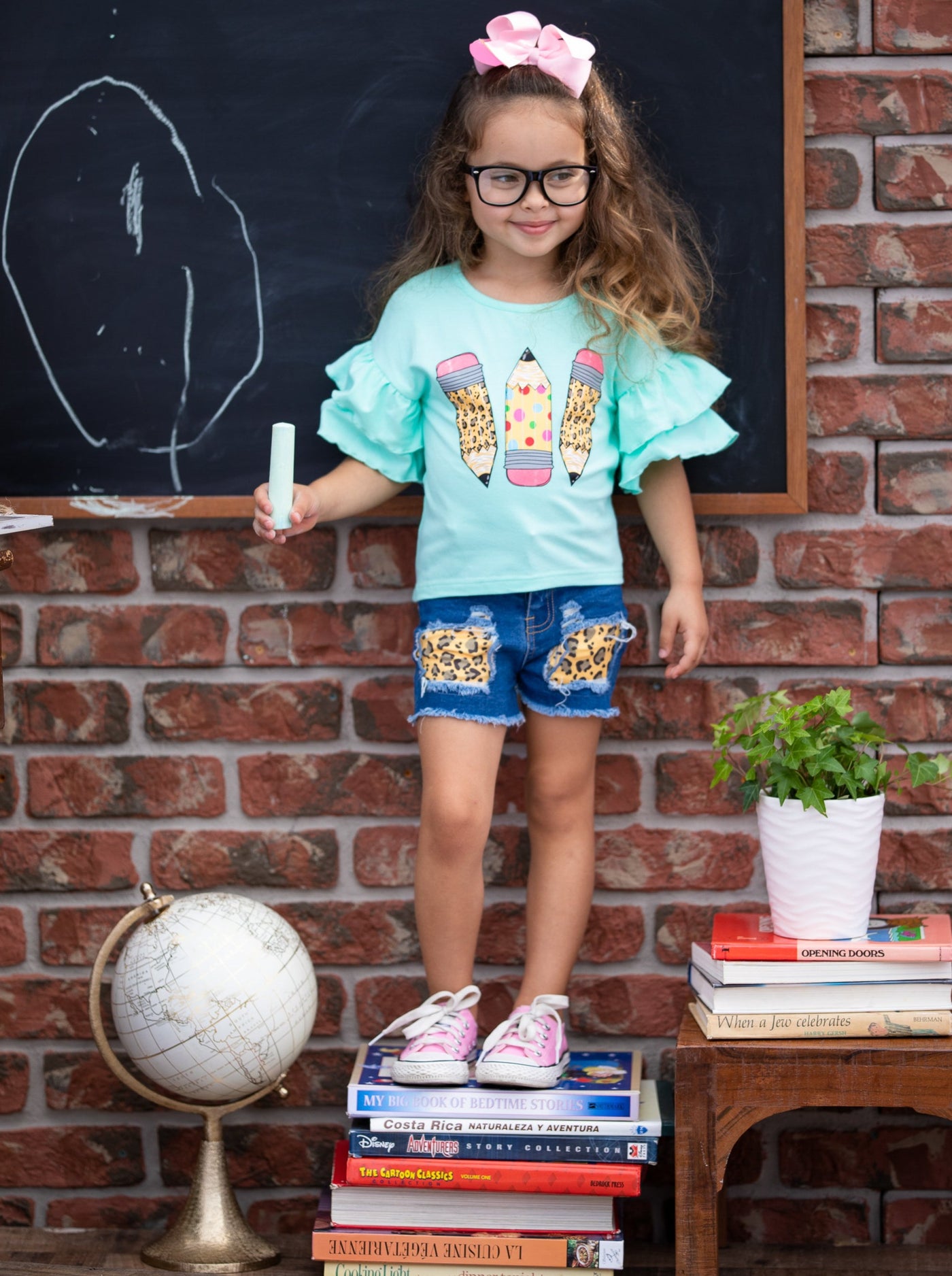 Back To School | Leopard Patched Denim Shorts Set | Mia Belle Girls
