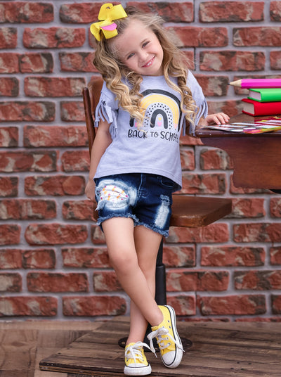 Back To School Clothes | Patched Denim Shorts Set | Mia Belle Girls