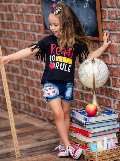 First Day of School | Top & Patched Denim Shorts Set | Mia Belle Girls