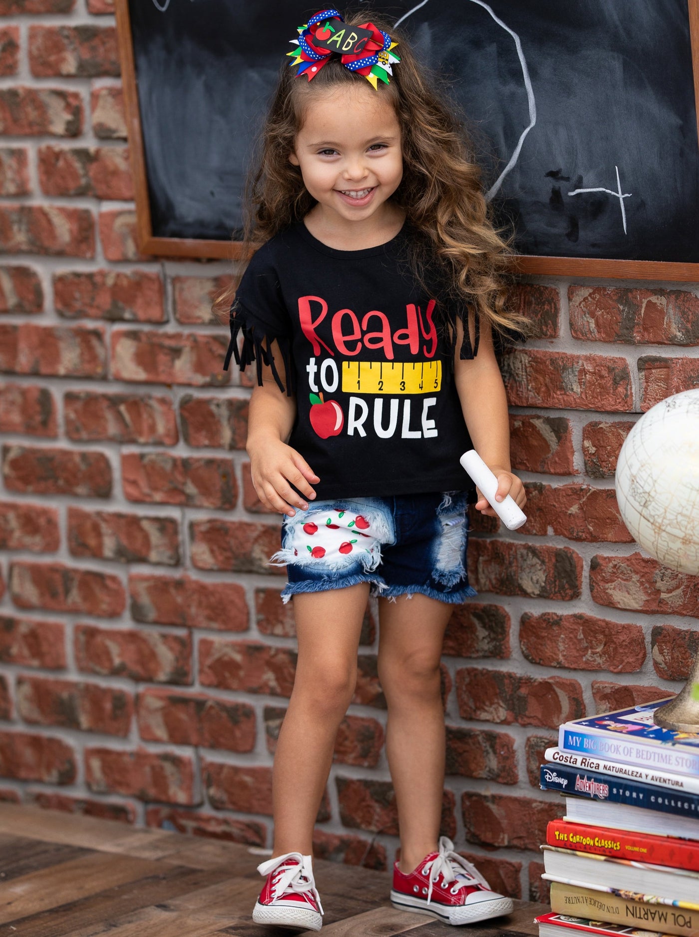 First Day of School | Top & Patched Denim Shorts Set | Mia Belle Girls