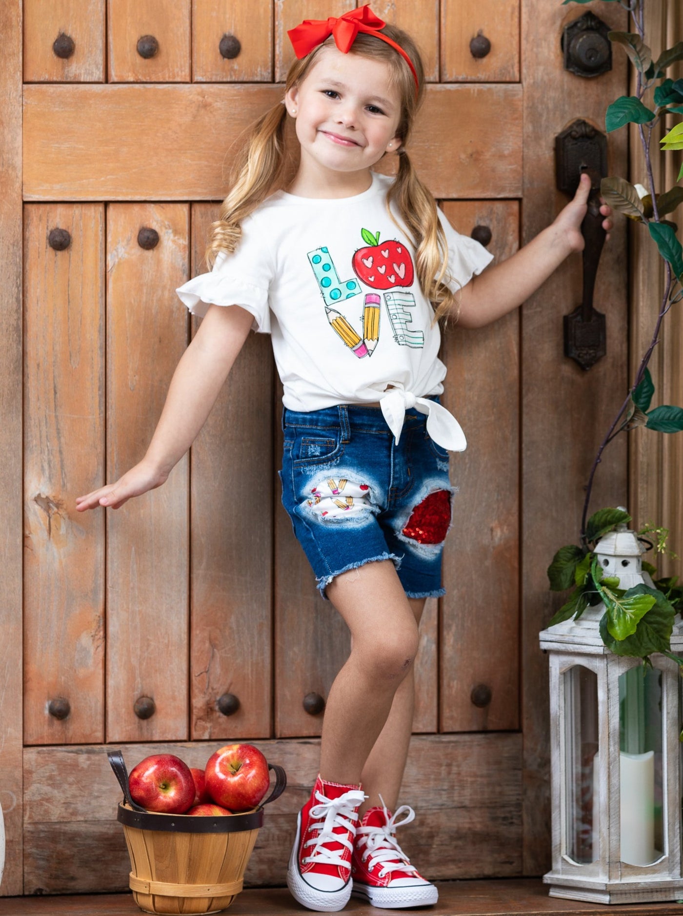 1st Day of School | Knot Top & Patched Denim Short Set | Mia Belle Girls