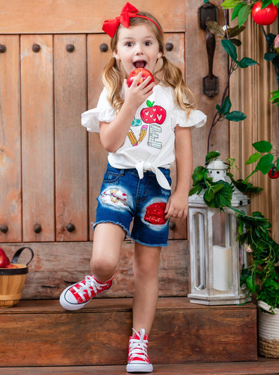 1st Day of School | Knot Top & Patched Denim Short Set | Mia Belle Girls