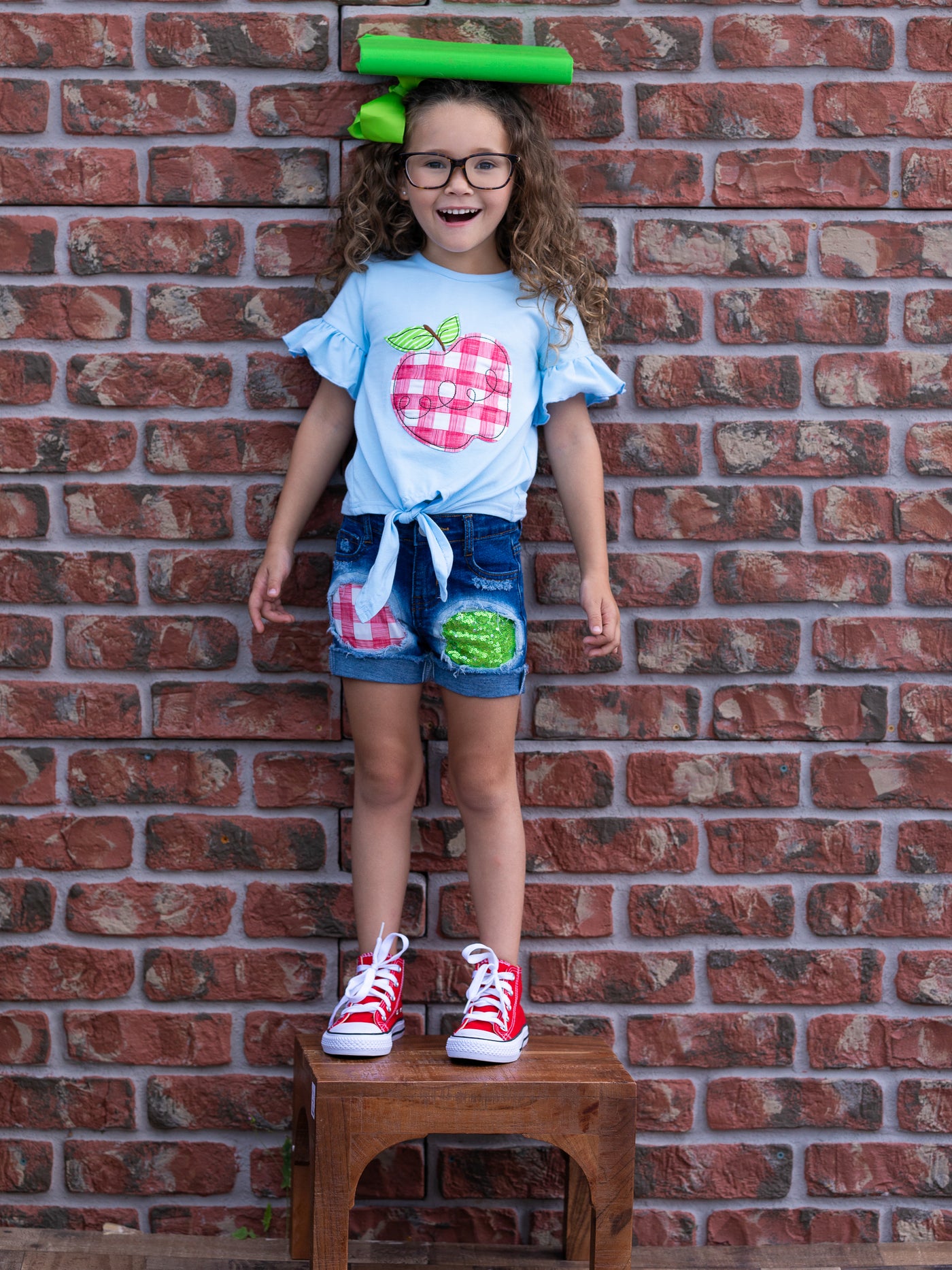First Day of School | Plaid Patched Denim Shorts Set | Mia Belle Girls